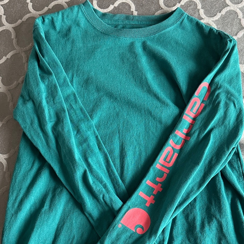 Carhartt Teal Long Sleeve with Pink Sleeve Logo